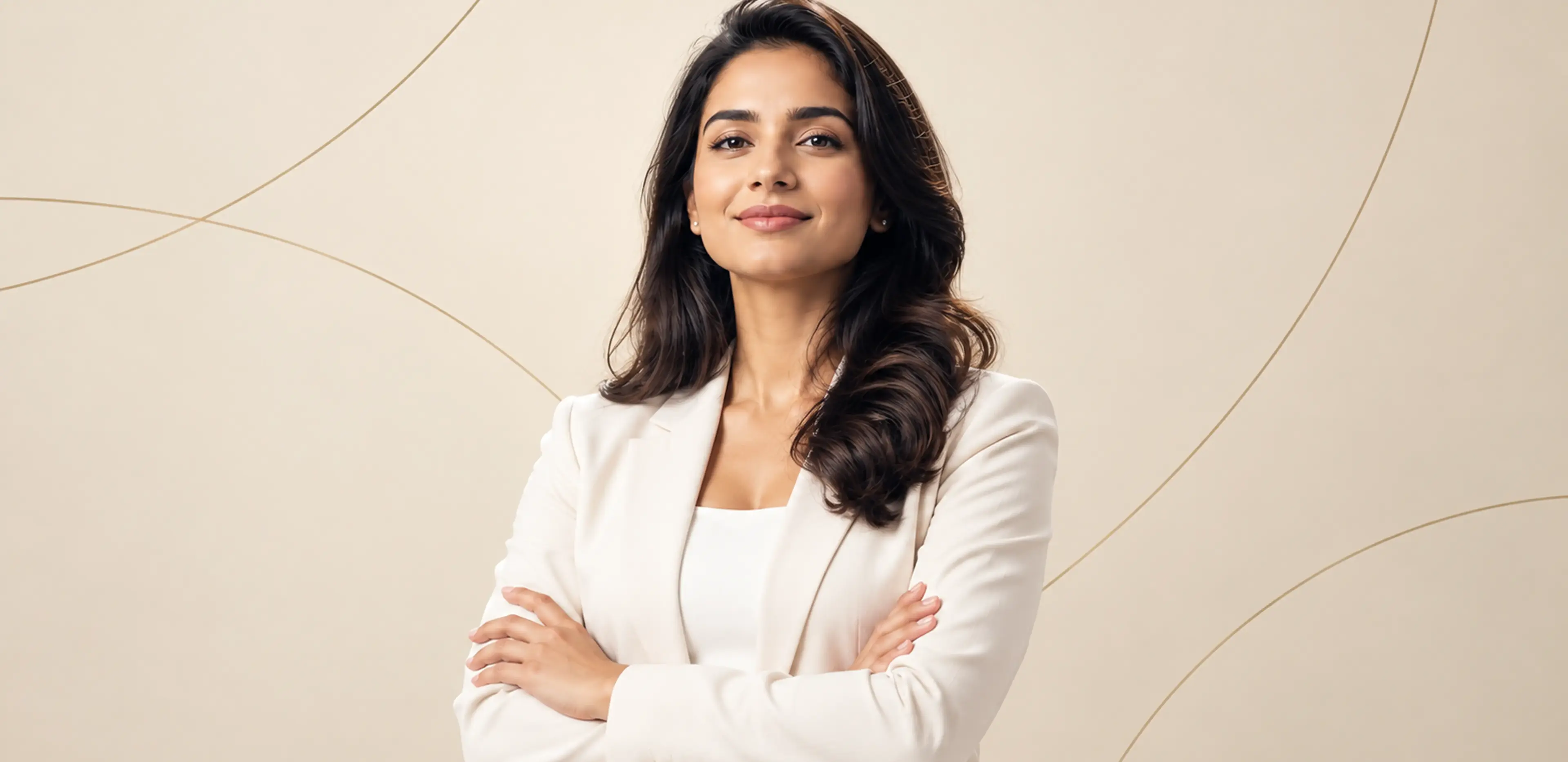 Recruiter in a white blazer, arms folded, smiling