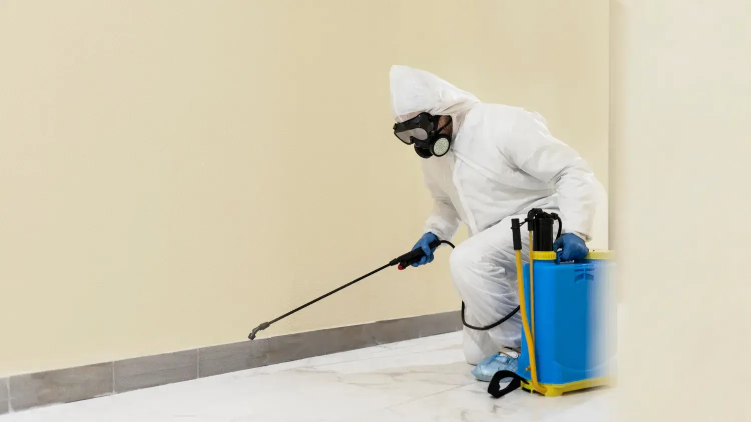 Pest control technician treating the baseboards inside a home