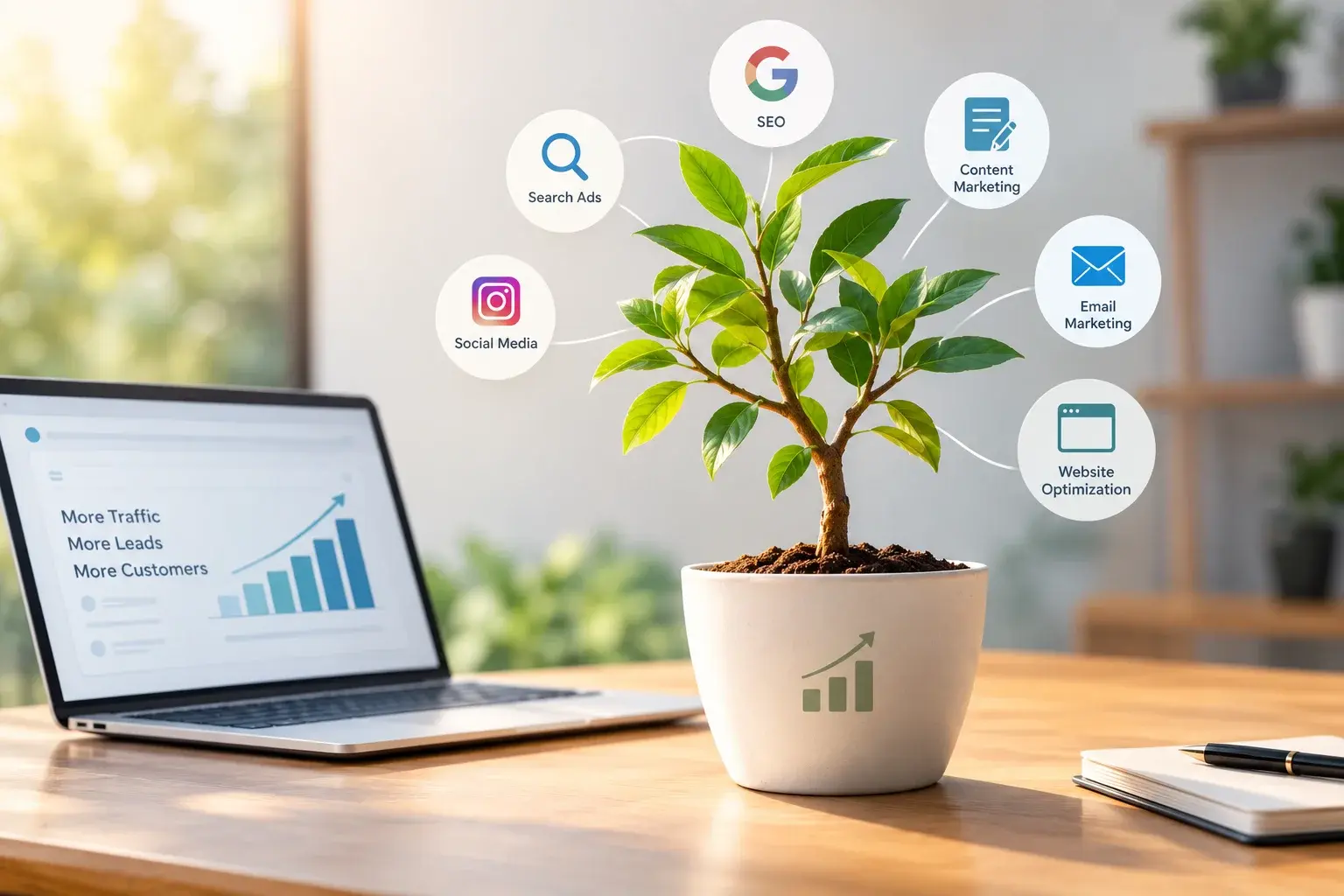 Digital marketing strategies helping a business grow through SEO, social media, content marketing, and lead generation